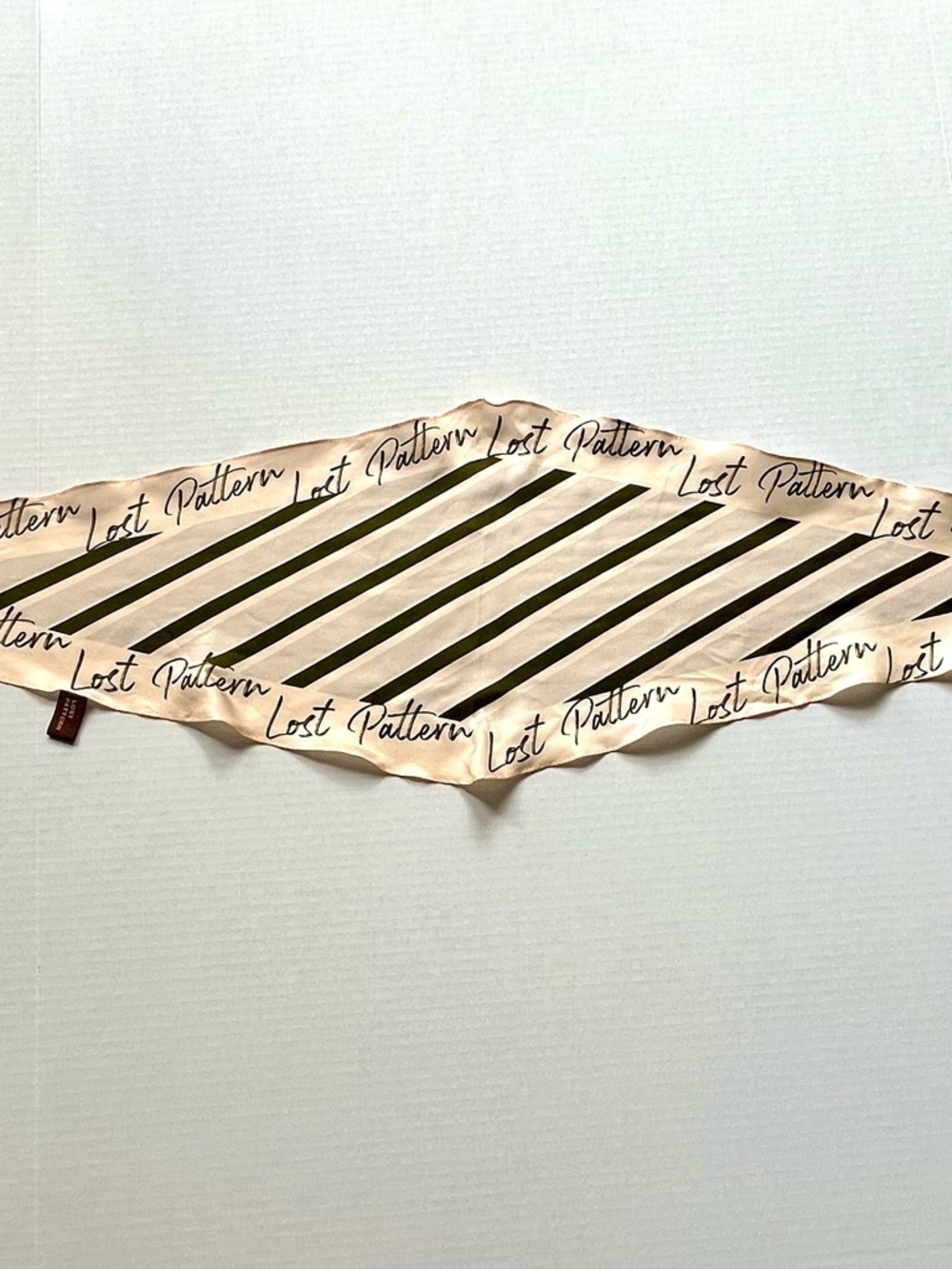 Lost Pattern Silk Skinny Scarf Beige Green Striped Logo Long Neck Scarf